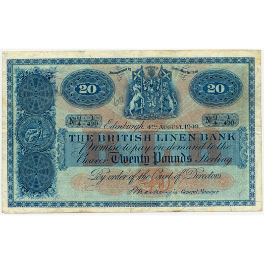 SCOTLAND P.159b SC235a 1949 British Linen Bank Last series £20 VF Q/4