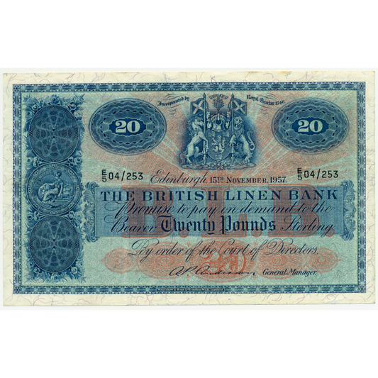 SCOTLAND P.164 SC236 1962 British Linen Bank £20 VF I/5