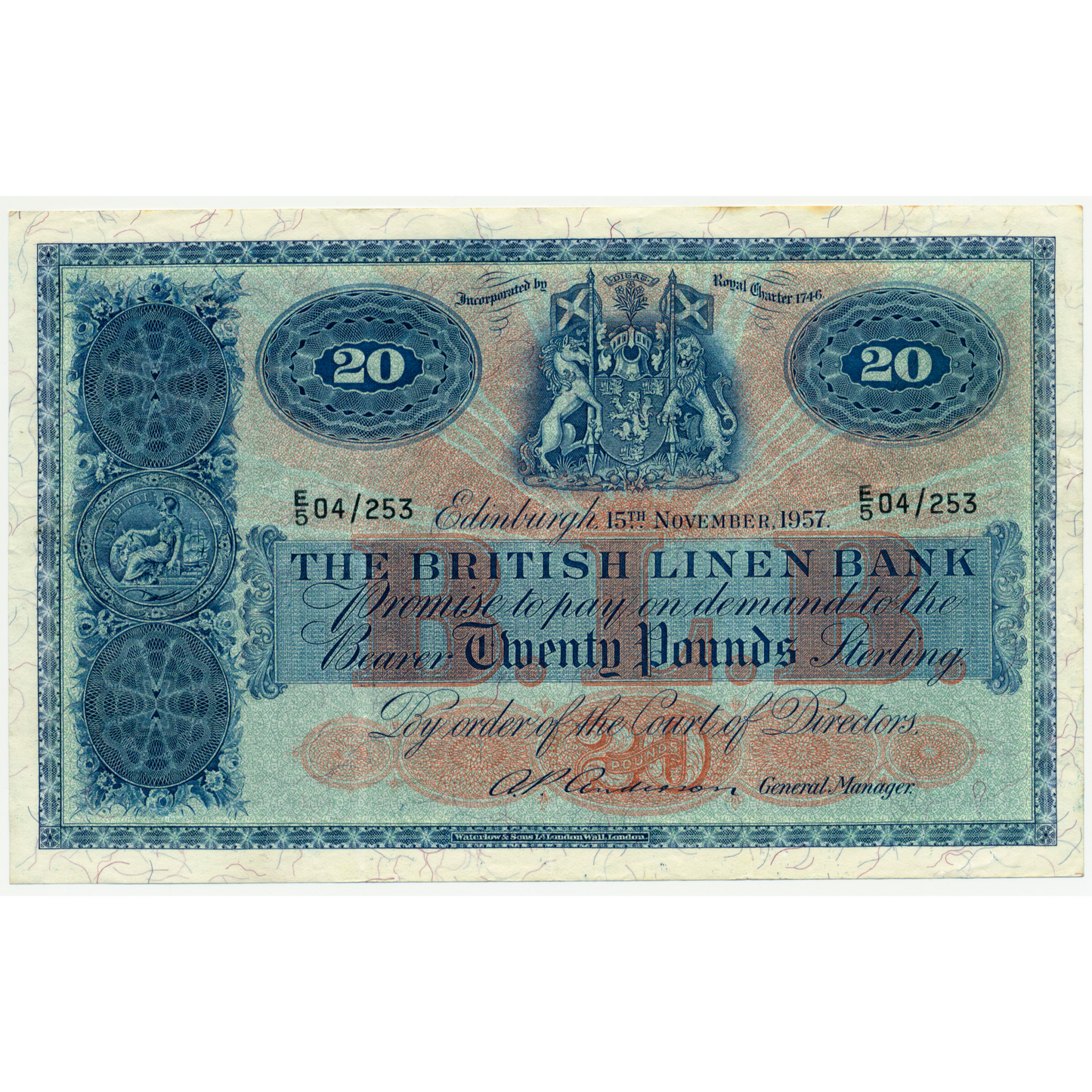 SCOTLAND P.159b SC235b 1957 British Linen Bank £20 VF E/5
