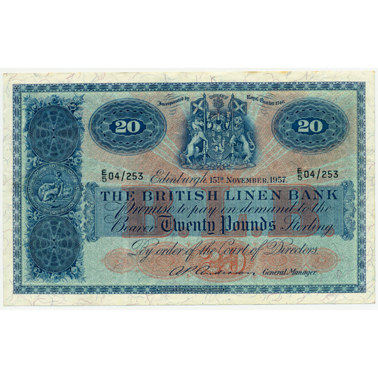 P.159b SC235b 1957 British Linen Bank £20 VF E/5