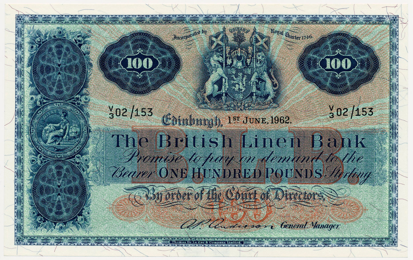 SCOTLAND P.165 SC244 1962 British Linen Bank £100 NEF T3