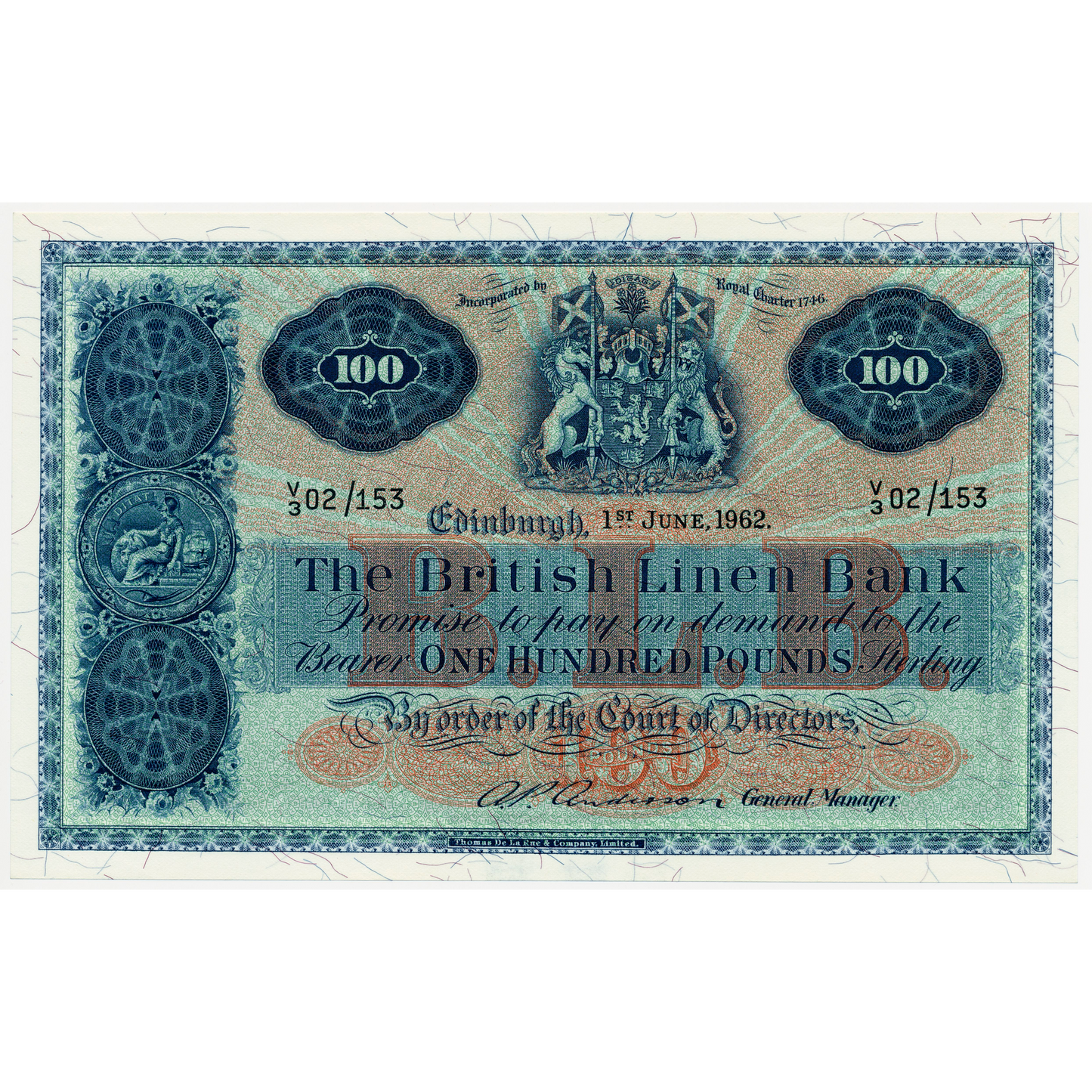 SCOTLAND P.165 SC244 1962 British Linen Bank £100 NEF T3