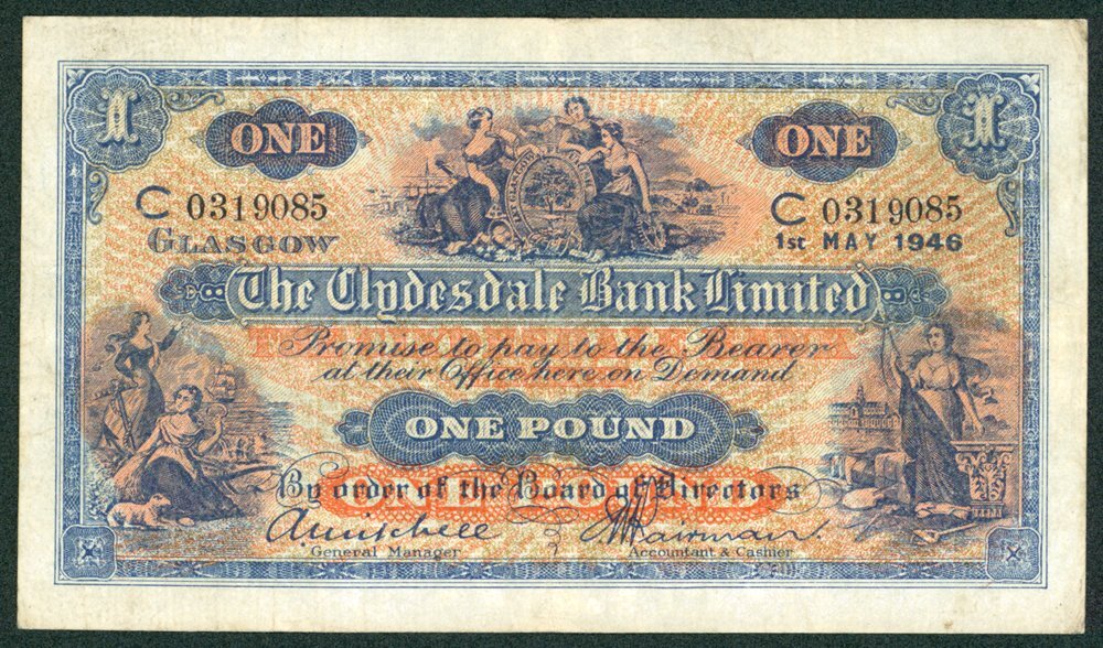 SCOTLAND P.189d SC303c 1946 The Clydesdale Bank Ltd £1 AVF C