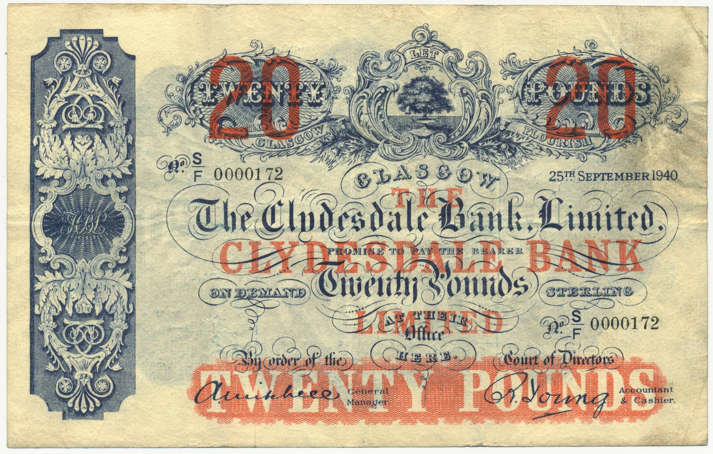 SCOTLAND P.187 SC308c 1940 The Clydesdale Bank Ltd £20 VF S/F