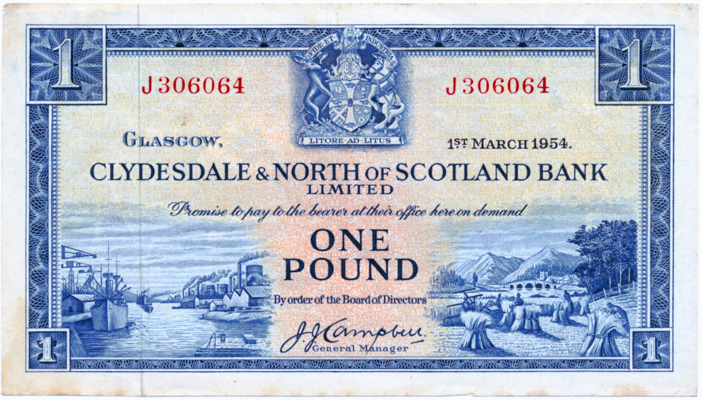 SCOTLAND P.191a SC311a 1954 Clydesdale & North of Scotland Bank £1 GVF J