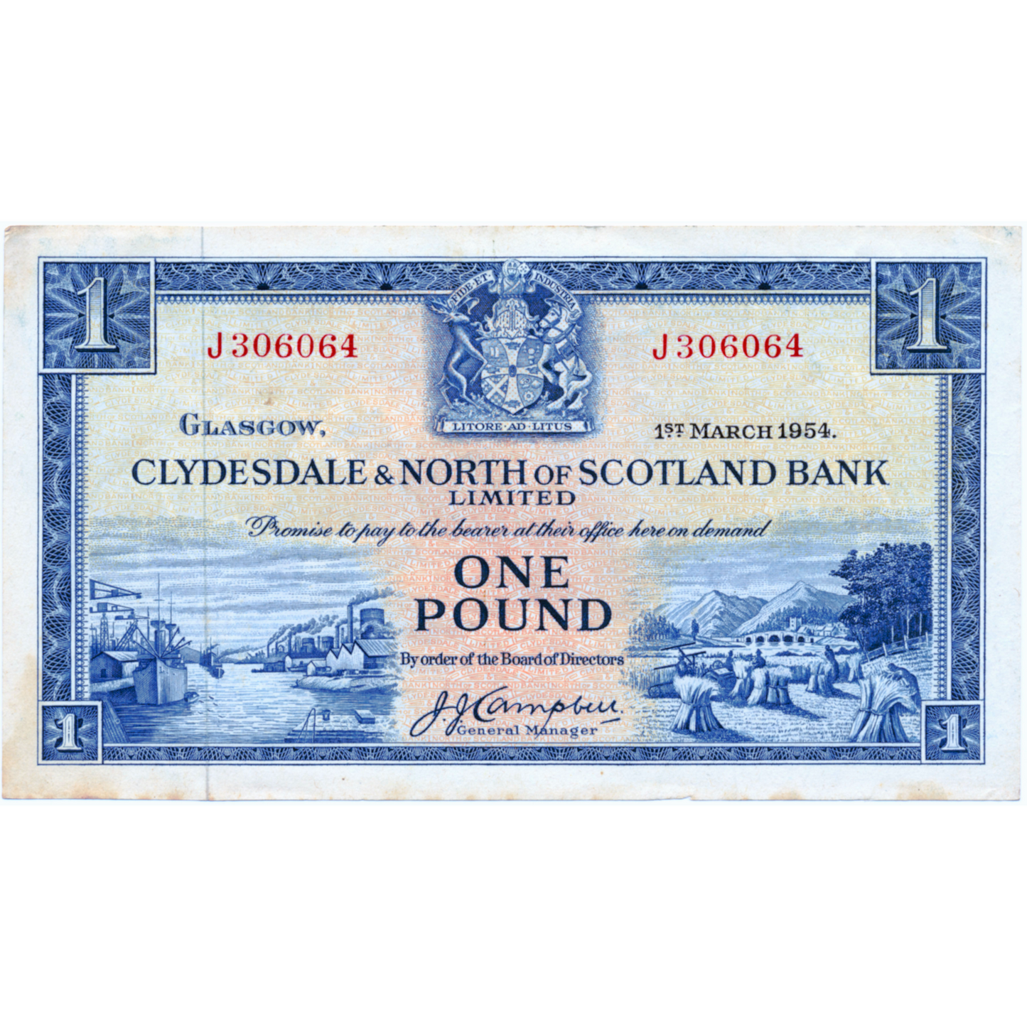 SCOTLAND P.191a SC311a 1954 Clydesdale & North of Scotland Bank £1 GVF J