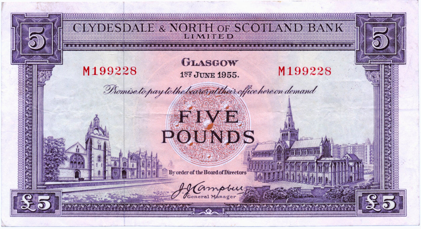 SCOTLAND P.192a SC313a 1954 Clydesdale & North of Scotland Bank £5 GVF M