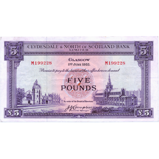 SCOTLAND P.192a SC313a 1954 Clydesdale & North of Scotland Bank £5 GVF M