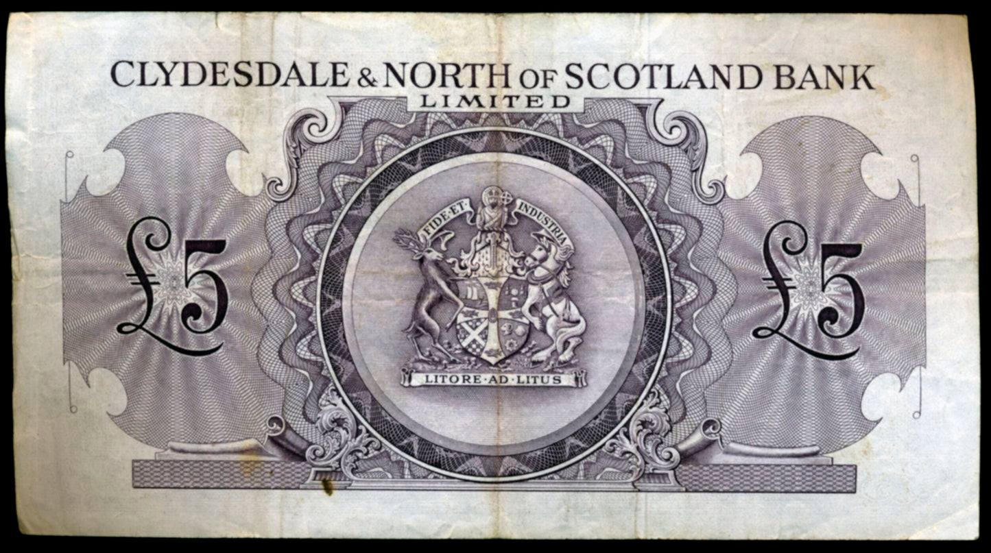 SCOTLAND P.192b SC313b 1960 Clydesdale & North of Scotland Bank £5 VF A/Z