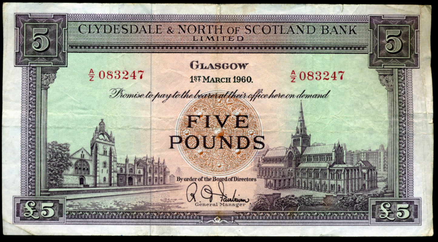 SCOTLAND P.192b SC313b 1960 Clydesdale & North of Scotland Bank £5 VF A/Z