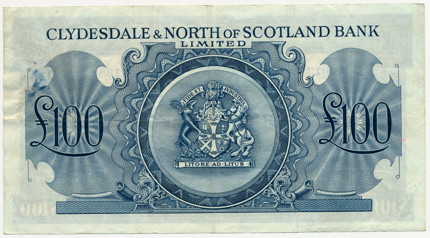 SCOTLAND P.194 SC316a 1951 Clydesdale & North of Scotland Bank £100 NEF A