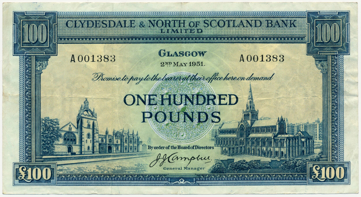 SCOTLAND P.194 SC316a 1951 Clydesdale & North of Scotland Bank £100 NEF A