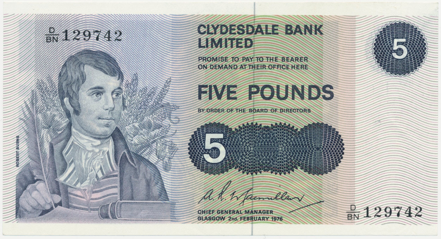 SCOTLAND P.205c SC320c 1976 Clydesdale Bank £5 AUNC D/BN