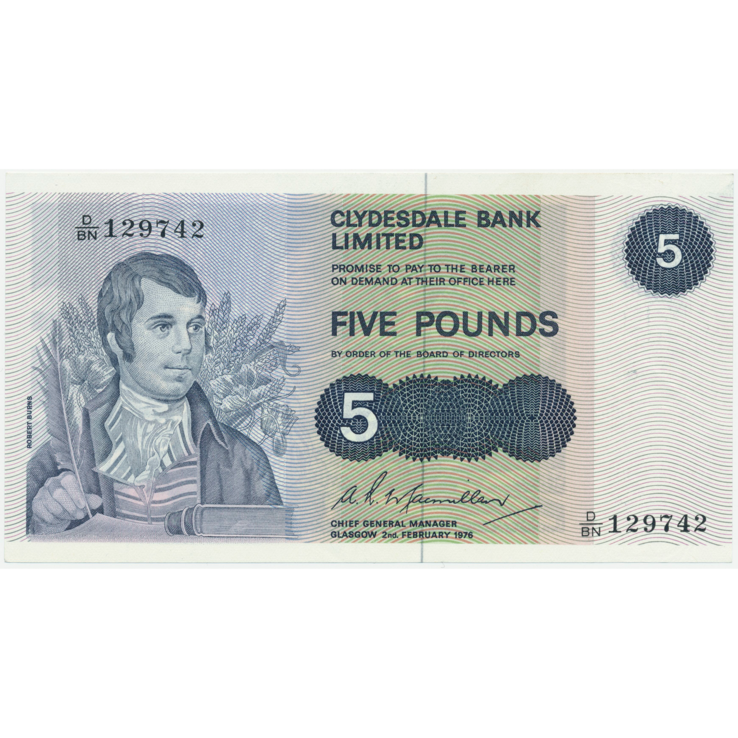 SCOTLAND P.205c SC320c 1976 Clydesdale Bank £5 AUNC D/BN