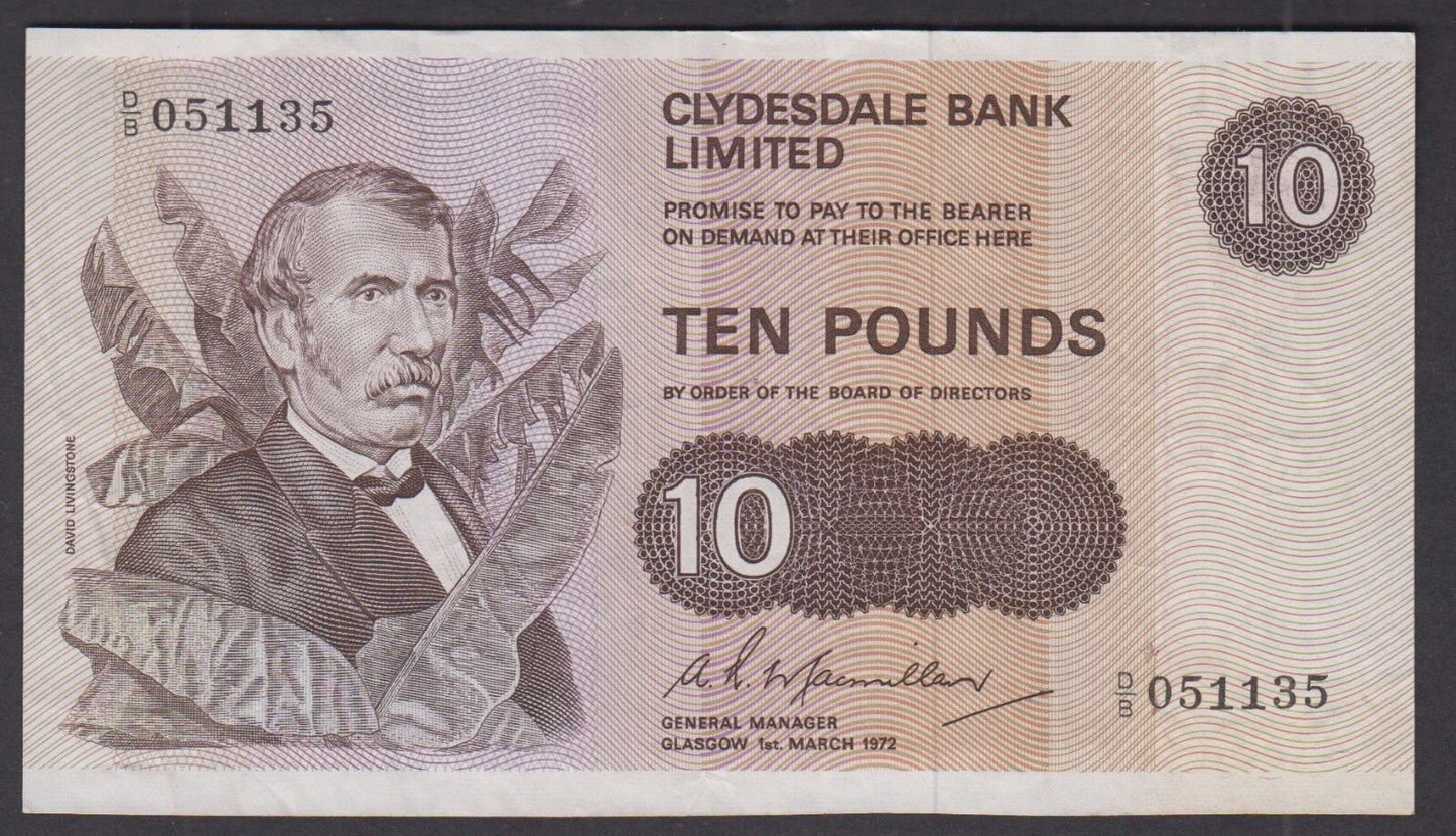 SCOTLAND P.207a SC322a 1972 Clydesdale Bank £10 Choice VF