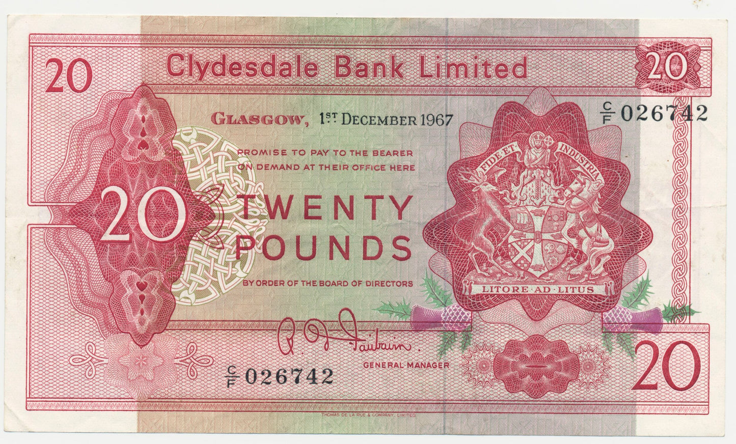 SCOTLAND P.200 SC323 1967 Clydesdale Bank £20 VF 30