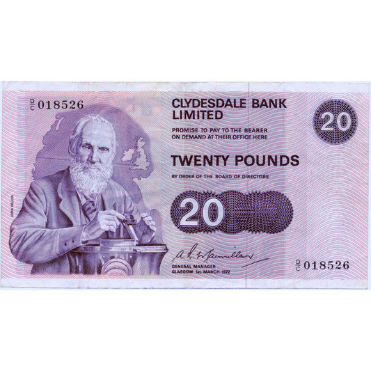 SCOTLAND P.208a SC324a 1972 Clydesdale Bank £20 VF D/C