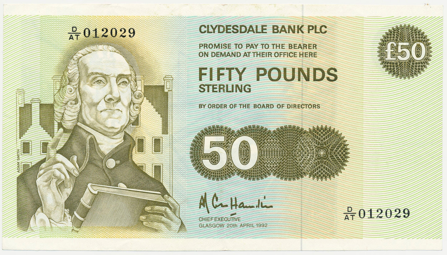 SCOTLAND P.222 SC361 1992 Clydesdale Bank £50 D/AT 45EPQ CHOICE EF