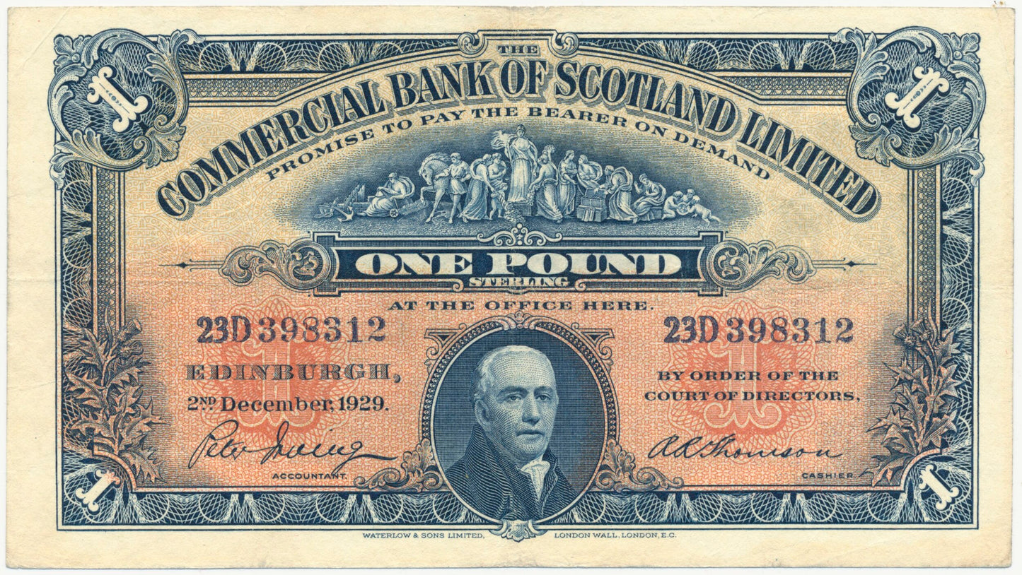 SCOTLAND P.S331a SC404c 1929 Commercial Bank of Scotland First series £1 AVF 23D