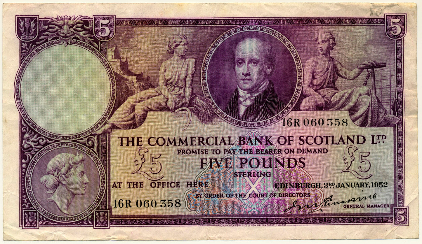 SCOTLAND P.S333 SC414a 1952 Commercial Bank of Scotland £5 VF 16R