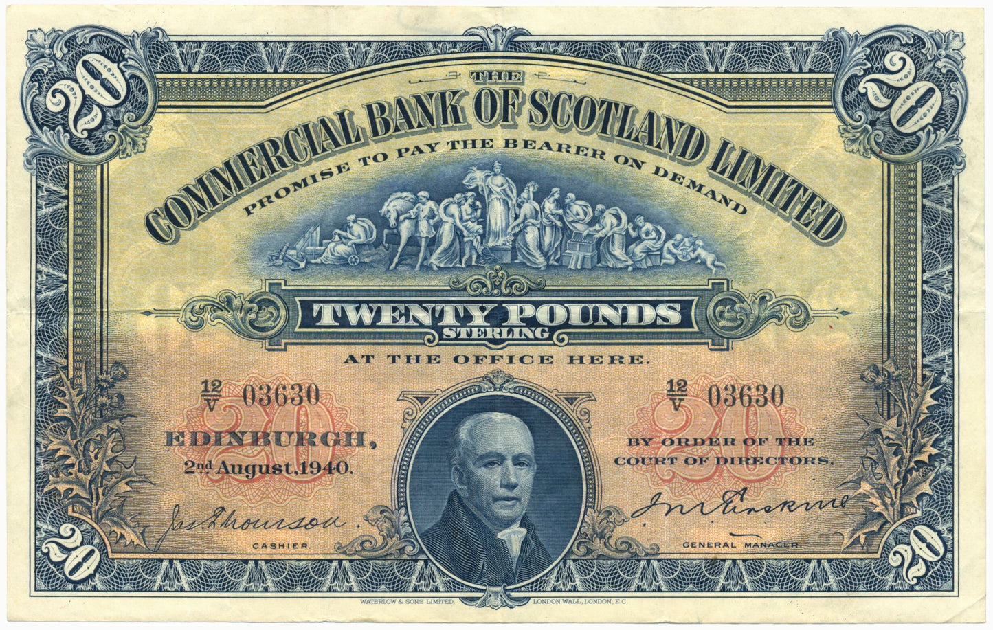 SCOTLAND P.S329b SC423d 1940 Commercial Bank of Scotland First series £20 GVF 12V