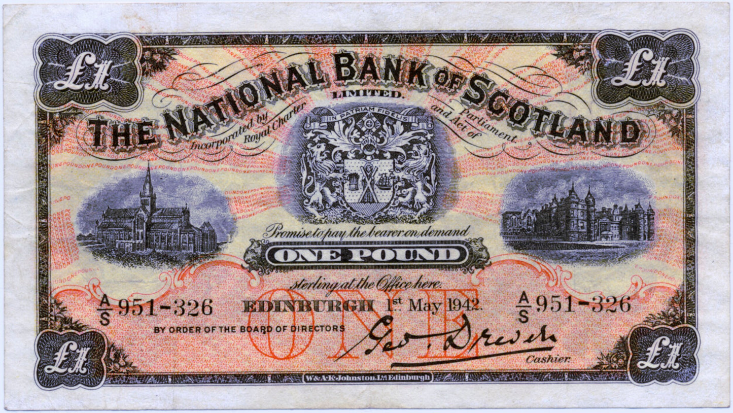 SCOTLAND P.258a SC503a 1942 National Bank of Scotland Last series £1 VF A/S