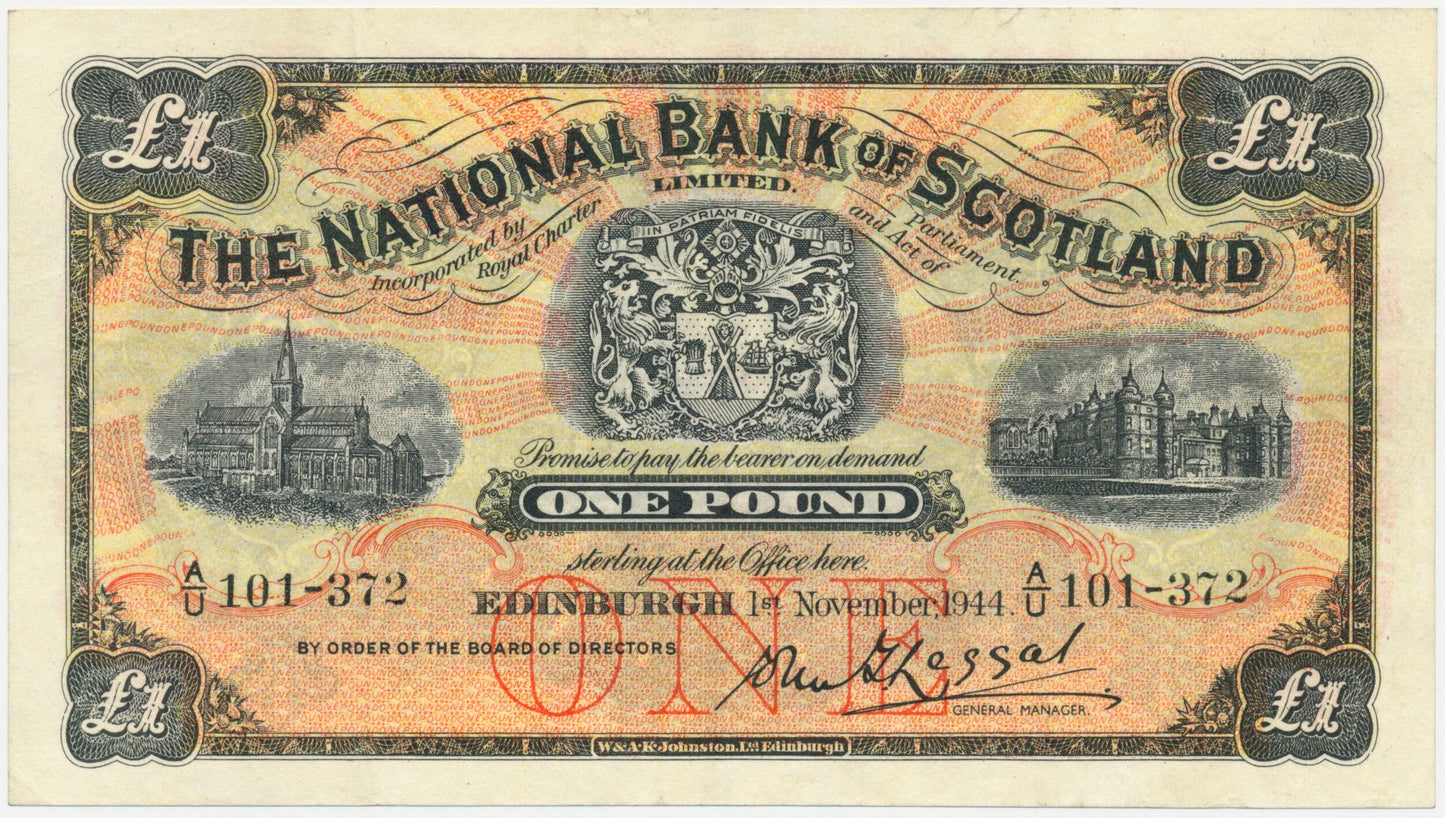 SCOTLAND P.258b SC503b 1944 National Bank of Scotland £1 VF A/U