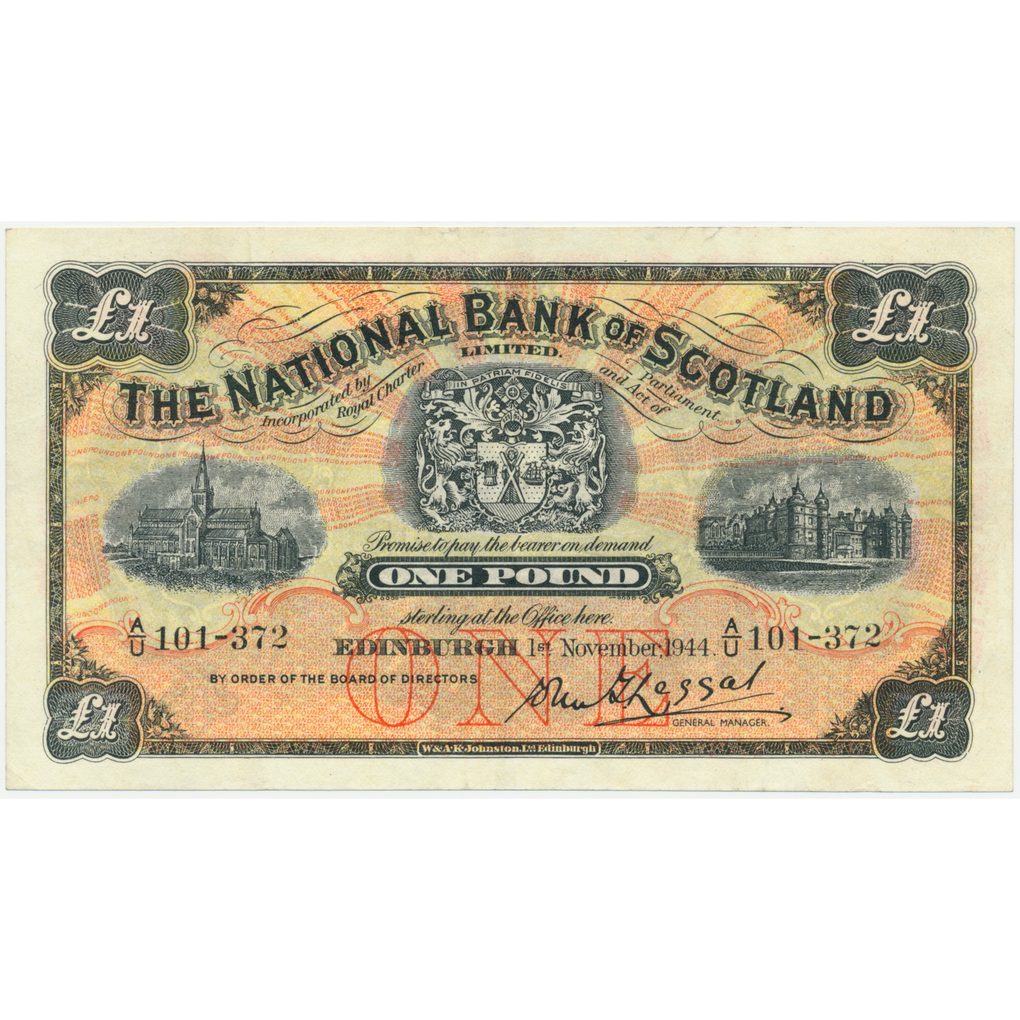 SCOTLAND P.258b SC503b 1944 National Bank of Scotland £1 VF A/U