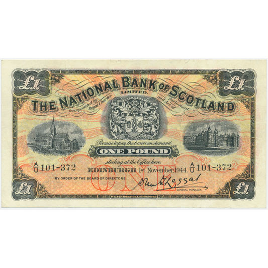 SCOTLAND P.258b SC503b 1944 National Bank of Scotland £1 VF A/U