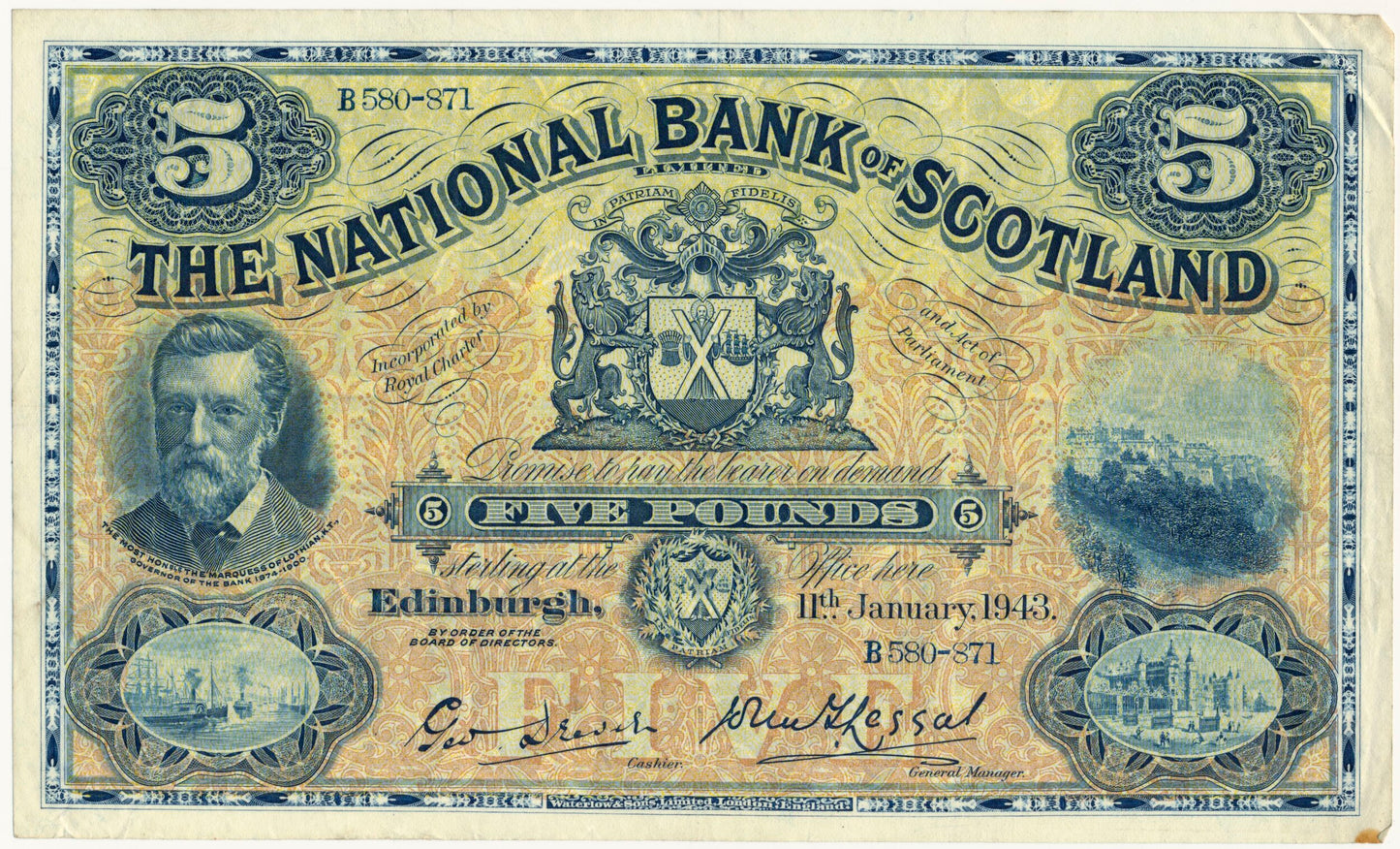 SCOTLAND P.259d SC512d 1943 National Bank of Scotland £5 VF B