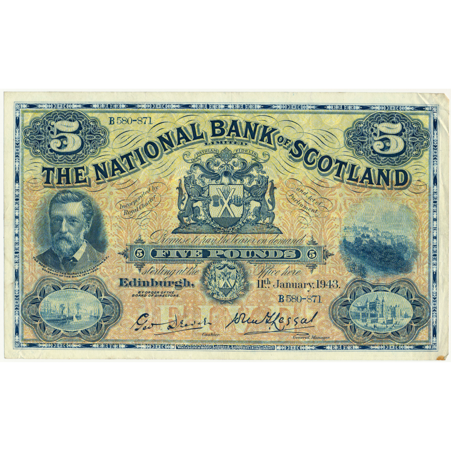 SCOTLAND P.259d SC512d 1943 National Bank of Scotland £5 VF B