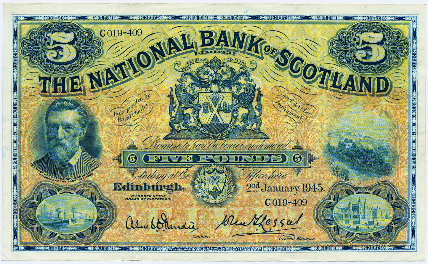 SCOTLAND P.259d SC512e 1945 National Bank of Scotland £5 GVF C