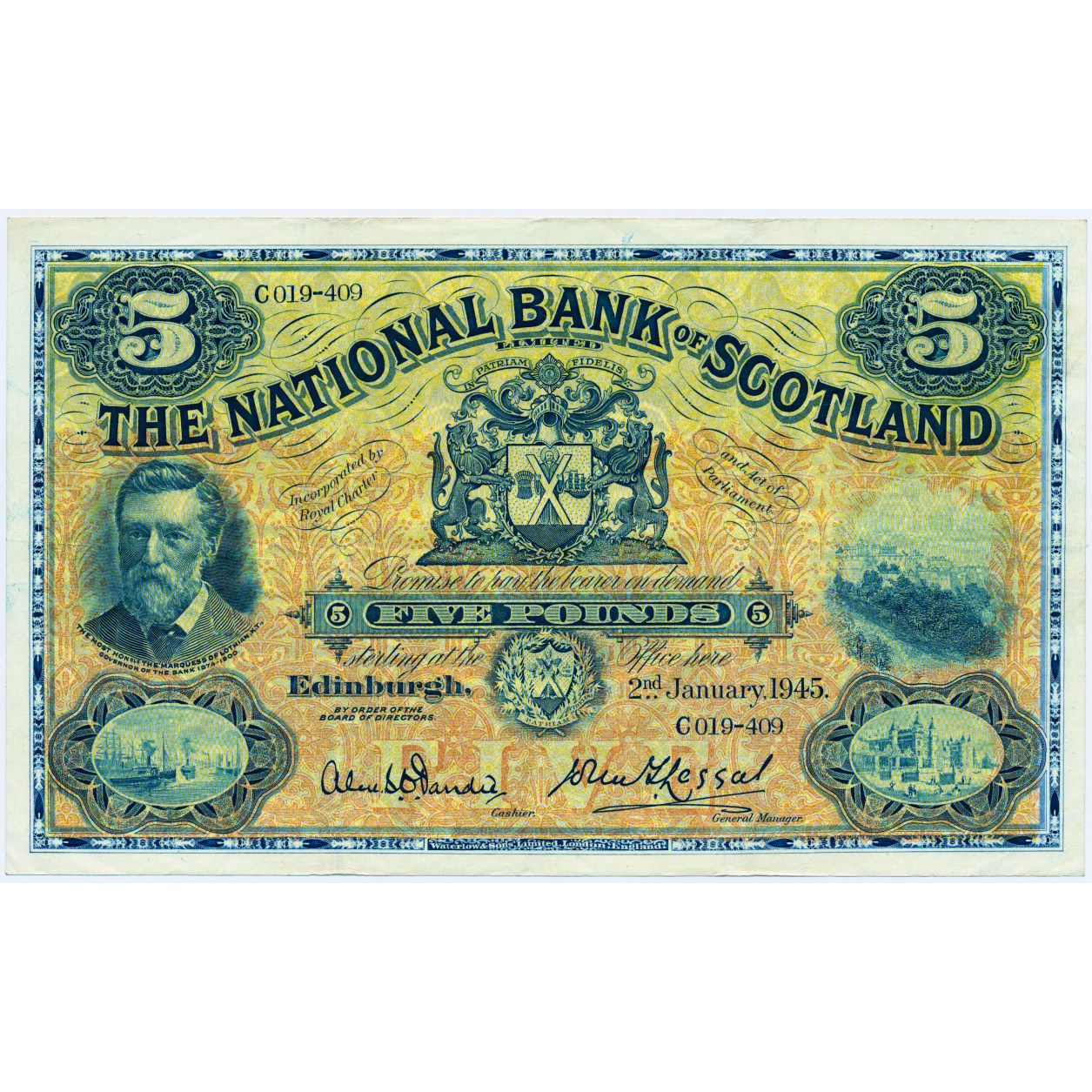 SCOTLAND P.259d SC512e 1945 National Bank of Scotland £5 GVF C