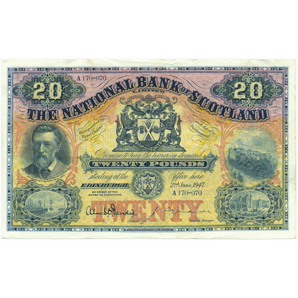 SCOTLAND P.260c SC522e 1947 National Bank of Scotland £20 NEF A