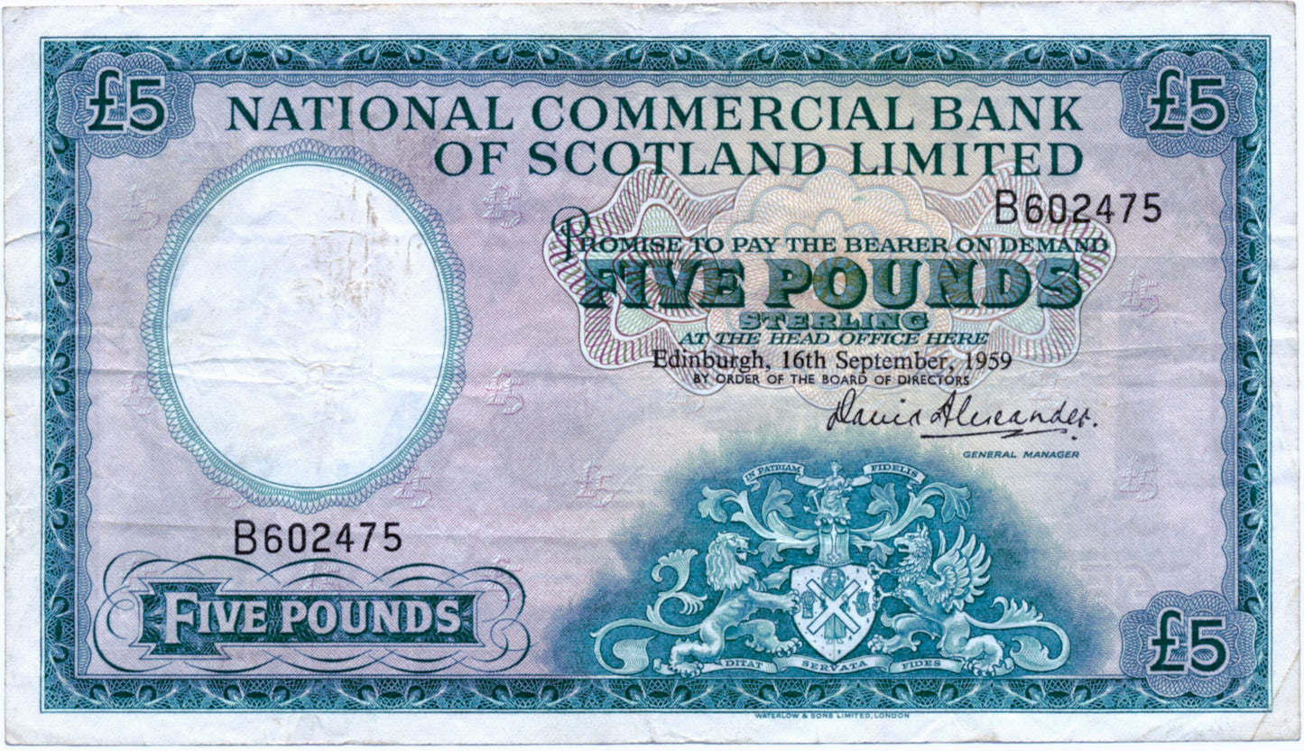 SCOTLAND P.266 SC611 1959 National Commercial Bank of Scotland £5 VF B