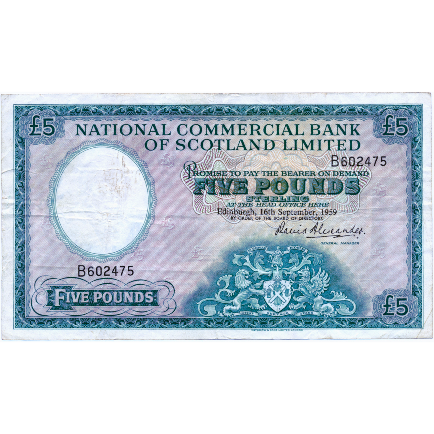 SCOTLAND P.266 SC611 1959 National Commercial Bank of Scotland £5 VF B