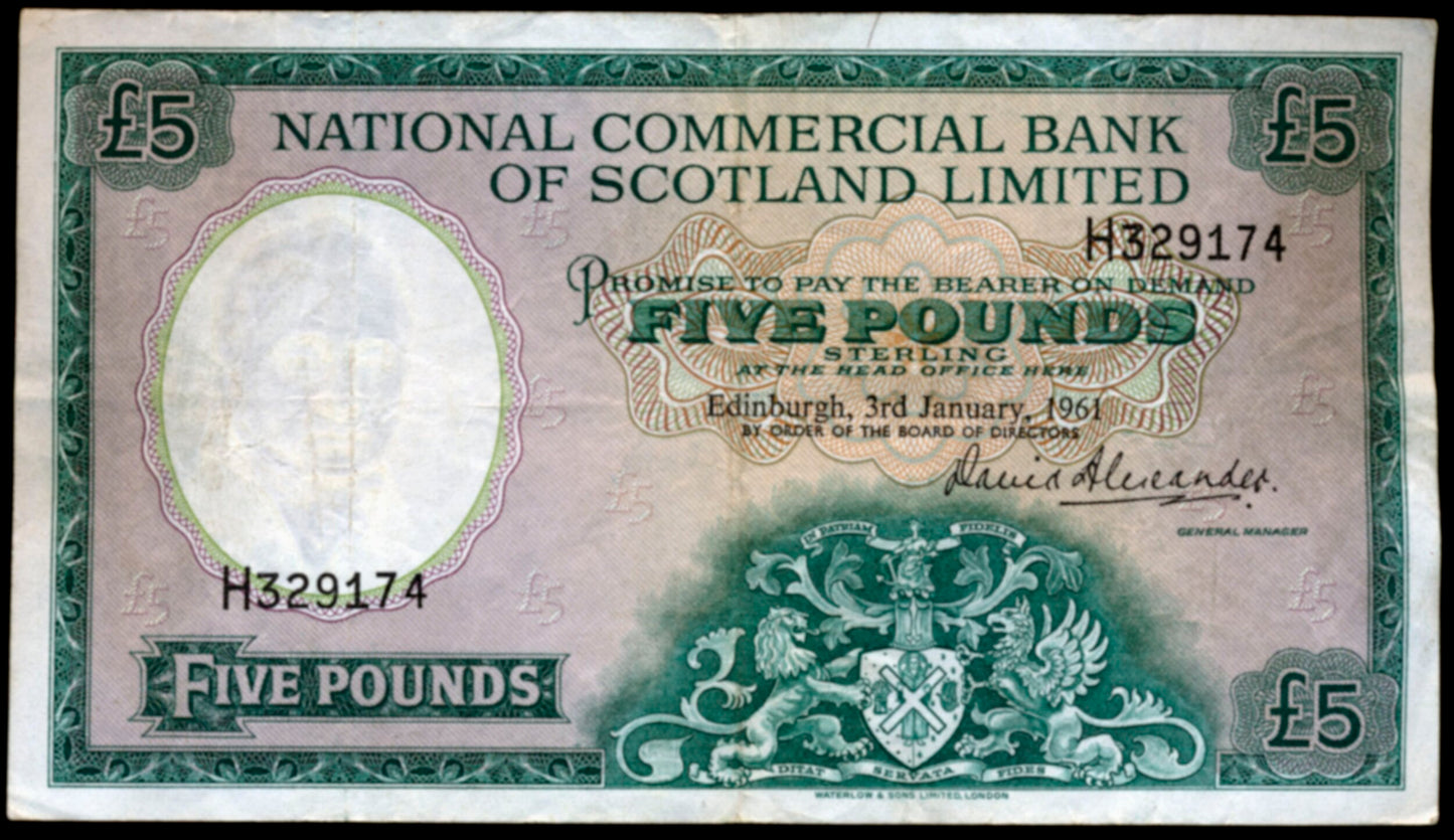 SCOTLAND P.270 SC612 1961 National Commercial Bank of Scotland £5 VF H