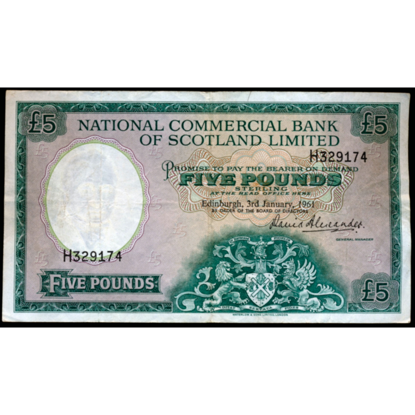 SCOTLAND P.270 SC612 1961 National Commercial Bank of Scotland £5 VF H