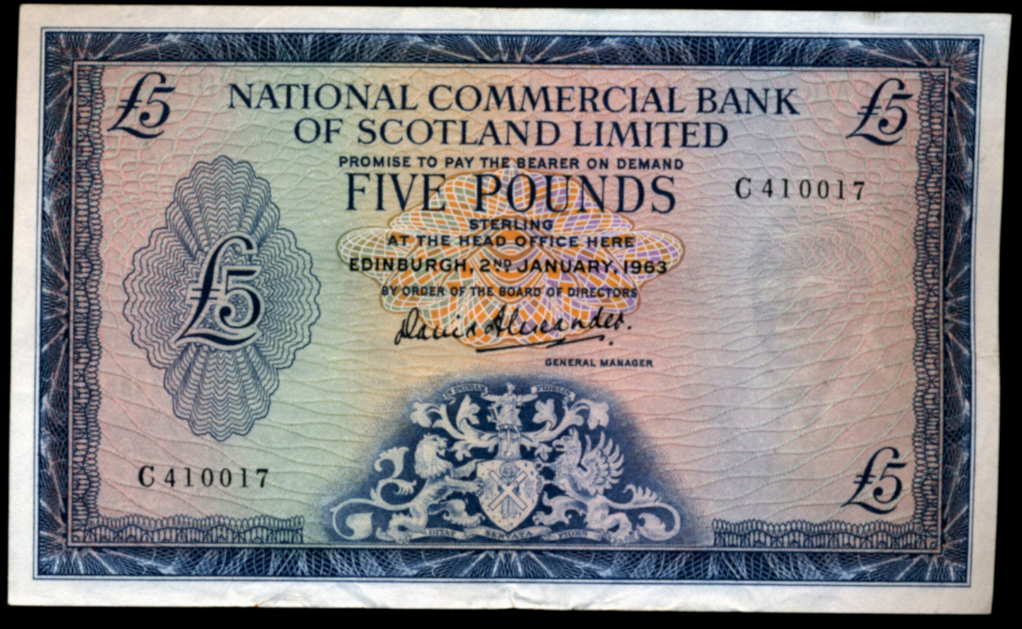 SCOTLAND P.272a SC613a 1963 National Commercial Bank of Scotland £5 EF C