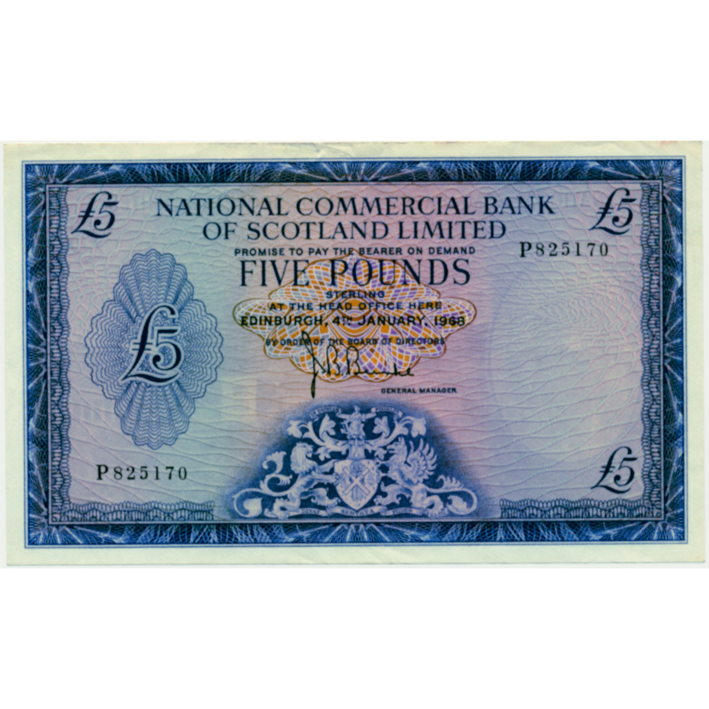 P.275a SC613b 1968 National Commercial Bank of Scotland £5 VF B