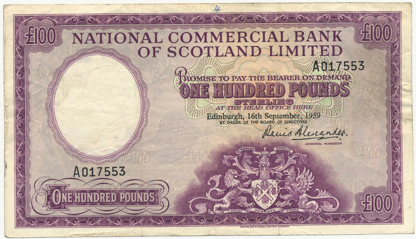 SCOTLAND P.268 SC641 1959 National Commercial Bank of Scotland £100 GF A