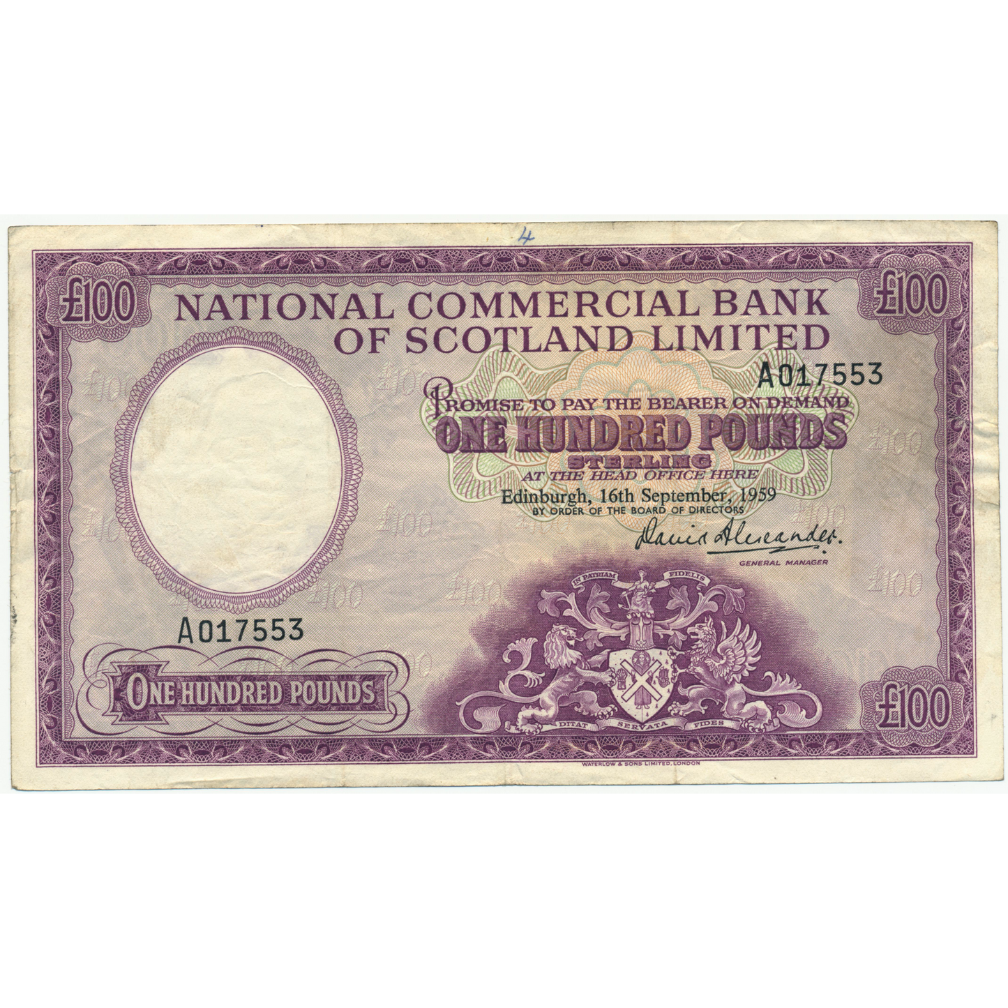 SCOTLAND P.268 SC641 1959 National Commercial Bank of Scotland £100 GF A