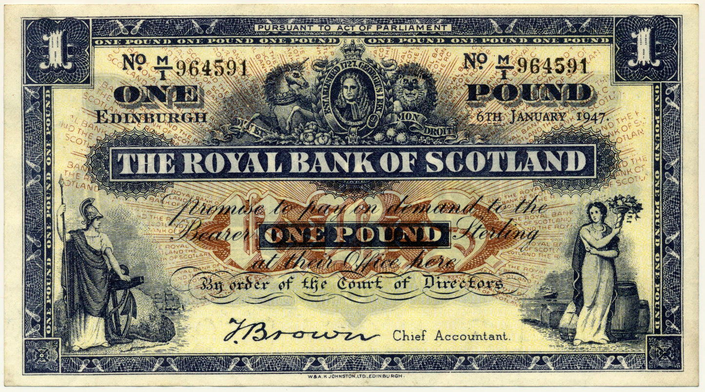 SCOTLAND P.322b SC802d 1947 Royal Bank of Scotland £1 AEF M/1