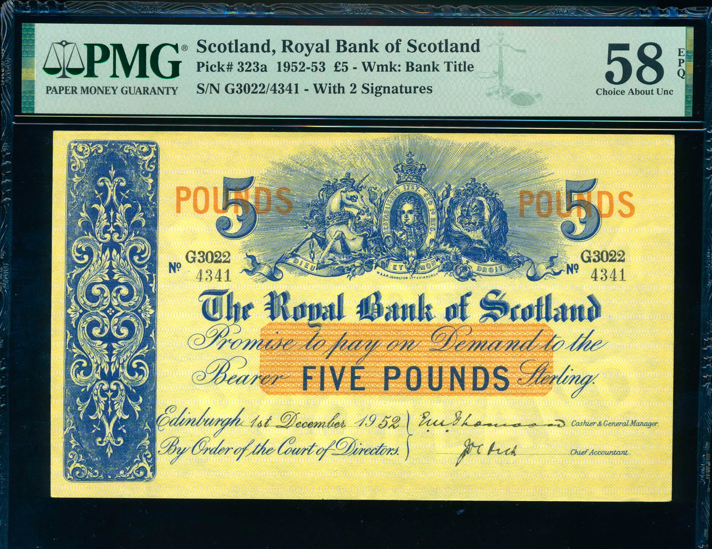 SCOTLAND P.323a SC807a 1952 Royal Bank of Scotland £5 G Choice AUNC 58 EPQ