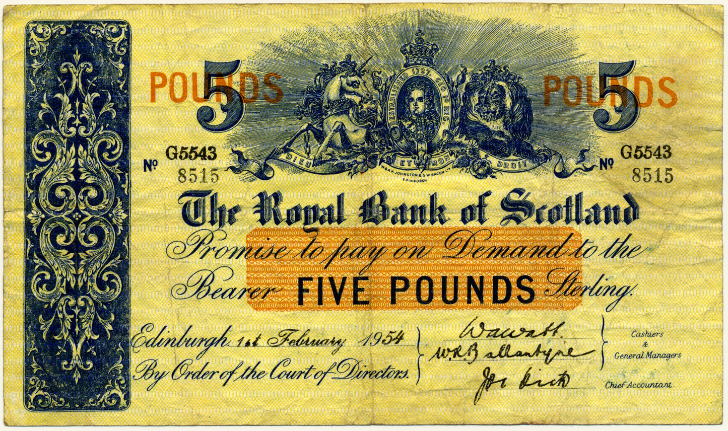 SCOTLAND P.323b SC807b 1954 Royal Bank of Scotland £5 GF G