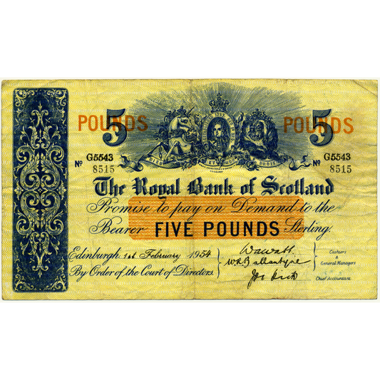 SCOTLAND P.323b SC807b 1954 Royal Bank of Scotland £5 GF G