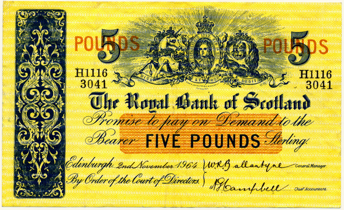 SCOTLAND P.326a SC808a 1964 Royal Bank of Scotland £5 GVF H