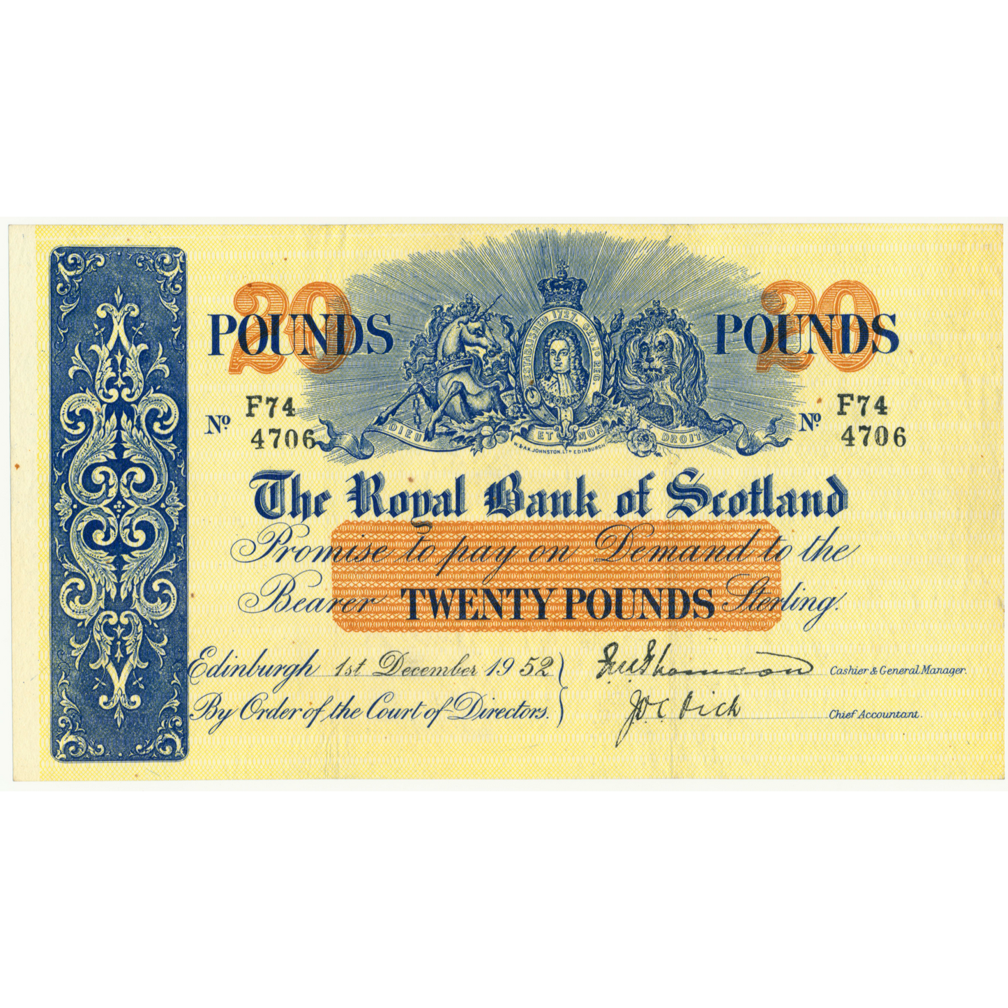 P.319c SC811c 1952 Royal Bank of Scotland £20 EF F74