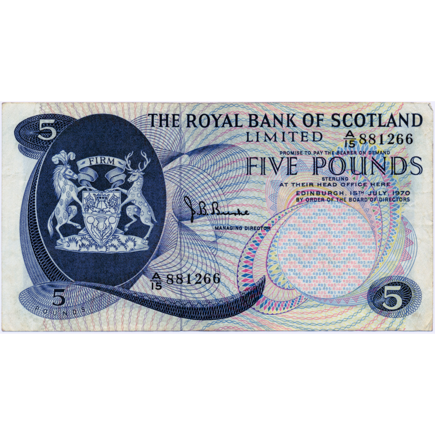 SCOTLAND P.335 SC816b 1970 Royal Bank of Scotland £5 EF A/16