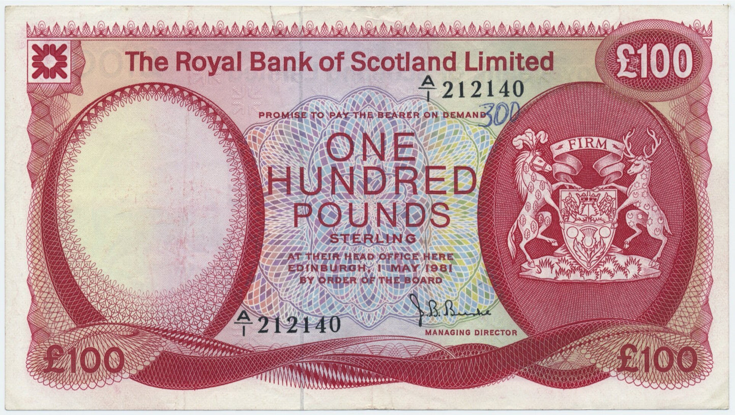 SCOTLAND P.340a SC823 RB79 1981 Royal Bank of Scotland £100 Choice VF